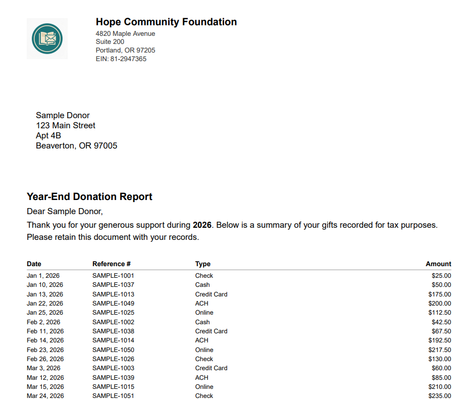 Sample GenerosityQB year-end donation report PDF showing organization branding, thank-you letter, gift table, and year total